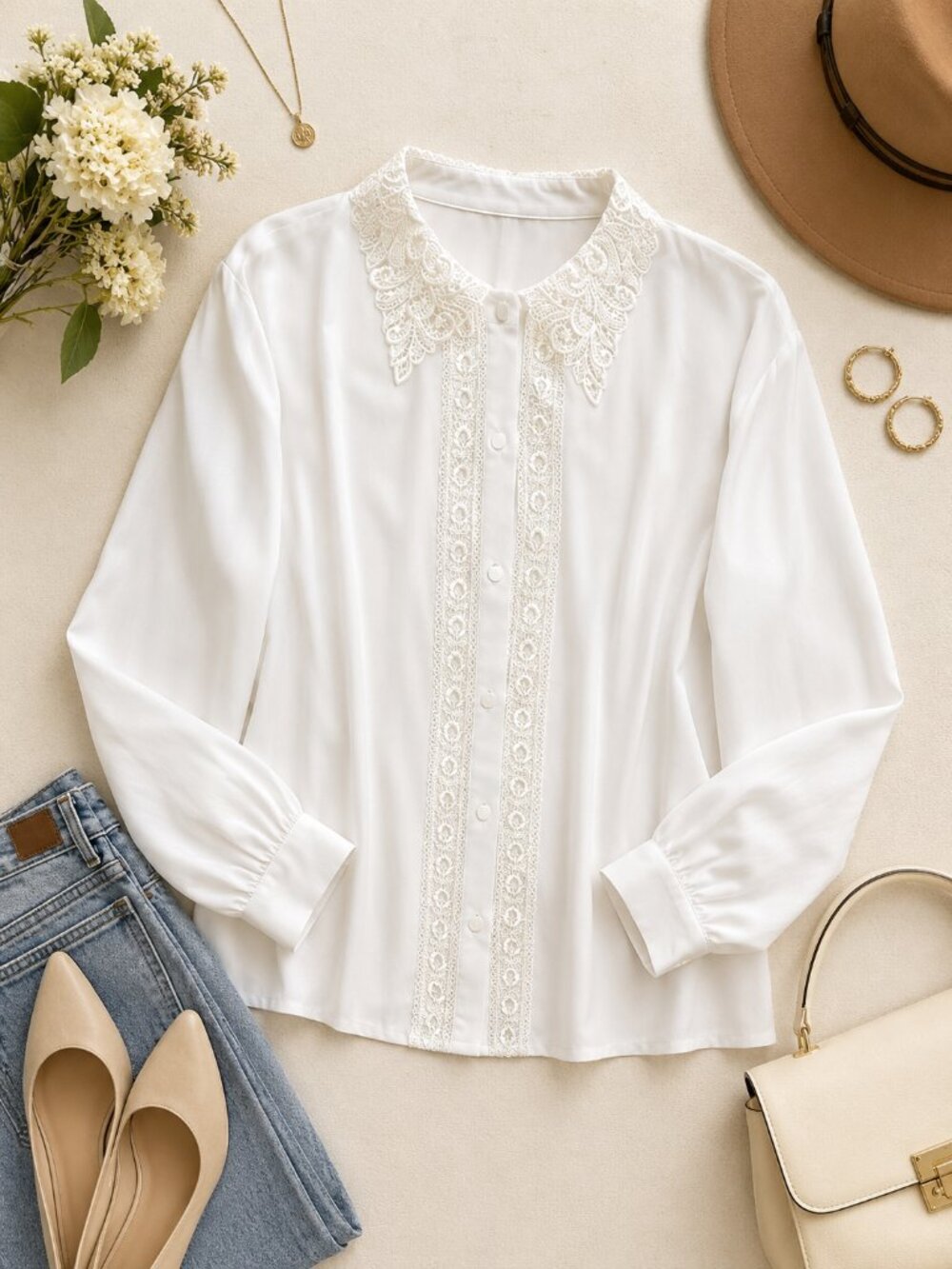 Vintage Cathy Che White Lace Embroidered Peter Pan Collar Blouse USA Size 10